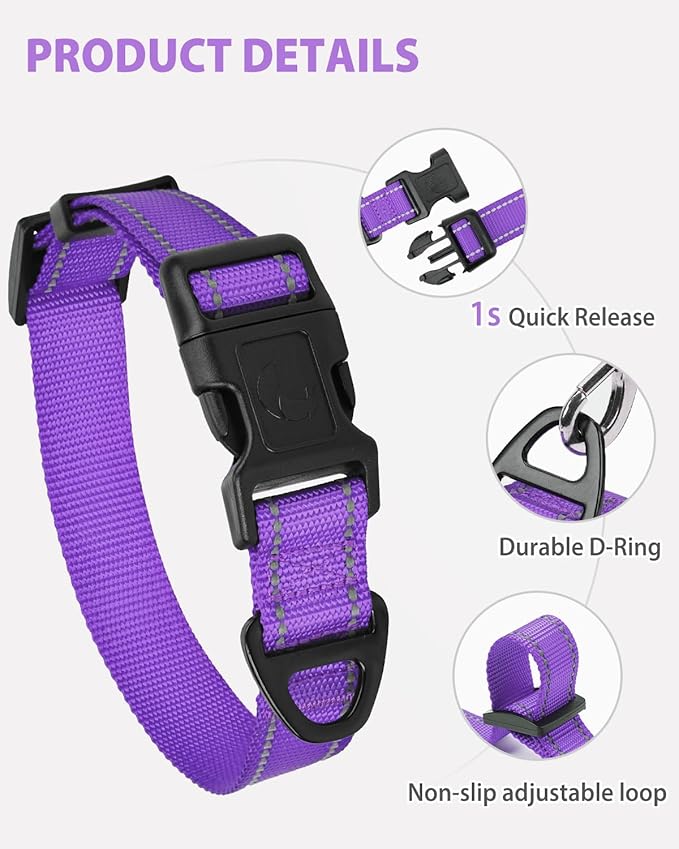 Joytale Large Dog Collar, Reflective and Adjustable Nylon Pet Collar with Quick-Release Buckle for Extra Large Dogs, Purple, XL