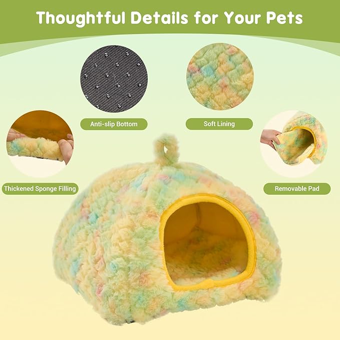 Avont 2 Pack Guinea Pig Hideout Bed and Tunnel Toys Set with Curtain, Washable Soft Plush Bunny Hideaway House Tube Cage Accessories for Small Animal Pet, Rabbits Chinchilla Hamster Ferret Rat -Yellow