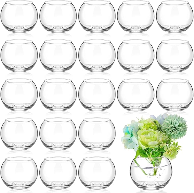 Zopeal 24 Pcs Fish Bowl Vase Glass Bubble Bowl Globe Glass Clear Bubble Vase Round Terrarium Goldfish Flower Centerpiece for Wedding Event Arrangement Office Home (3.5" h X 4.7" w)