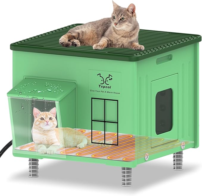 Tepoal Plastic Heated Cat House for Outside Winter, 100% Weatherproof & Insulated Outdoor Feral Cat Shelter with Safety Escape Door, Stackable Cat House with Heater for Barn Cat, Green 17.7"x17"x17.5"