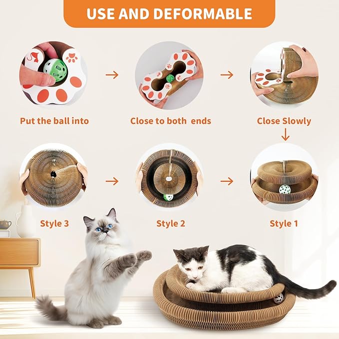 Collapsible Cats Cardboard Scratcher Interactive Pet Toys for Indoor Cats with Ring Ball Magnetic Kitten for Chase Scratch Pink