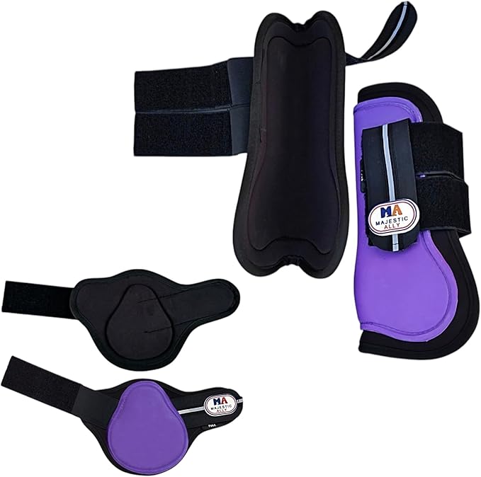 Majestic Ally Horse Leg Protection Fetlock and Tendon Boots Set, PU Shell, Neoprene Lining, Hook and Loop Closures, Multiple Colors and Sizes