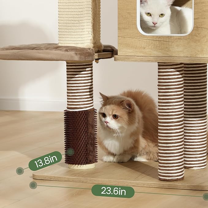 Cat Tree Tower, 41.7 in Wood Cat Condo with Sisal-Covered Scratching Posts and Plush Pom-pom, Multi-Level Climbing Cat Furniture with Jump Platform for Indoor Cats, Beige
