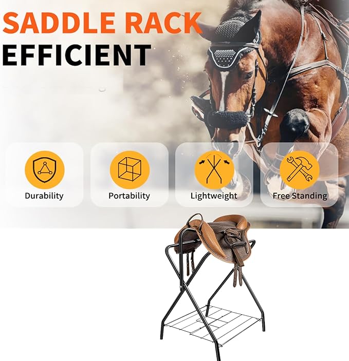 Folding Saddle Rack Heavy Duty Freestanding Horse Saddle Stand Detachable Saddle Rack Stand with Bottom Storage for English & Western Saddles