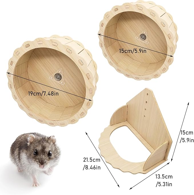 Hamiledyi Wooden Hamster Wheel, Small Pets Exercise Wheel, Silent Running Wheel for Gerbil, Mice, Guinea Pigs, Dwarf Syrian Hamster (7.48in)