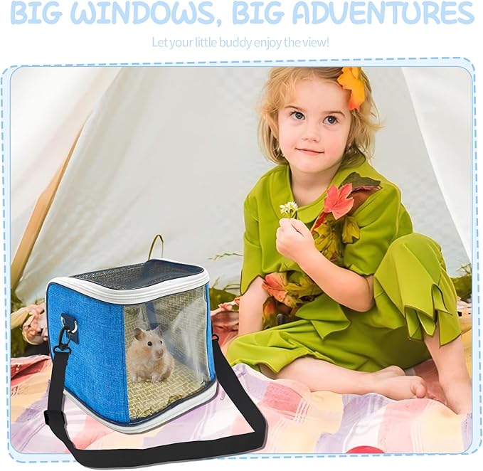 Small Animal Carrier Backpack with Water Bottle, Travel Portable Guinea Pig Hamster Bunny Carrier Sling Pouch, Clear Window Breathable Pet Carrier for Hedgehog Sugar Glider Chinchilla Rat (Gray-Blue)