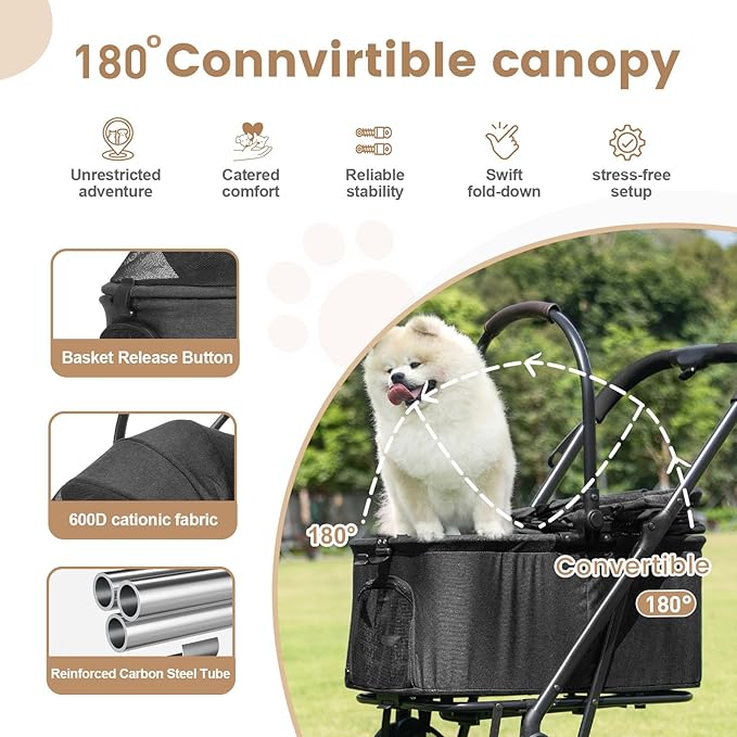 Wdyvko 3 in 1 Dog Stroller, Upgraded Frame, Up to 44lbs Pet Stroller with Dog Poop Bags & Dispenser, Zipperless Entry, Storage Basket & Pouch for Small Dogs Cats (Black)