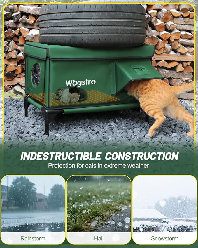 Heated Cat House for Outside, Insulated Weatherproof Heated Outdoor Cat House with Waterproof Eaves & Escape Door, Elevated Outdoor Cat Shelter for Feral Stray Cat (Green, 16.5"x13"x16.9")
