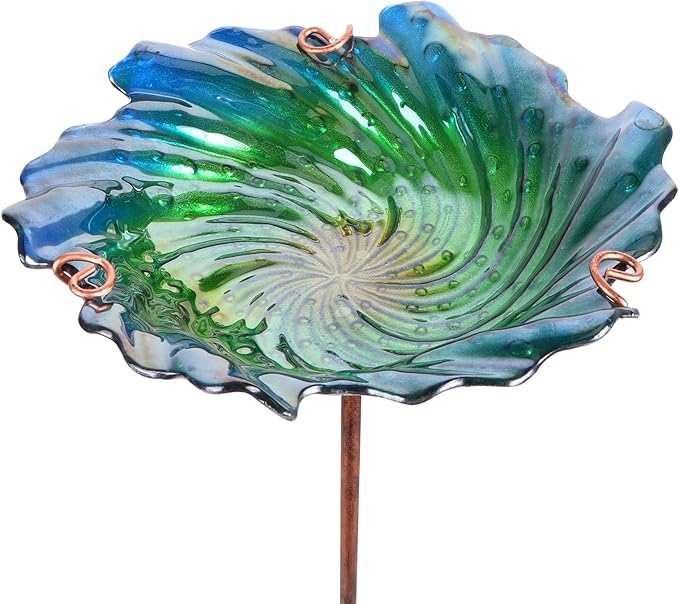 MUMTOP Glass Bird Baths for Outdoors, Garden Bird Bath Bowl with Metal Stake Birdbaths for Outside Yard Outdoor, Green