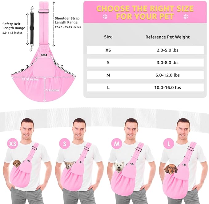 Lukovee Pet Sling, Hand Free Dog Sling Carrier Adjustable Padded Strap Tote Bag, Shoulder Bag with Safety Belt & Front Pocket for Small Dog Cat Puppy (Pink-WY,S)