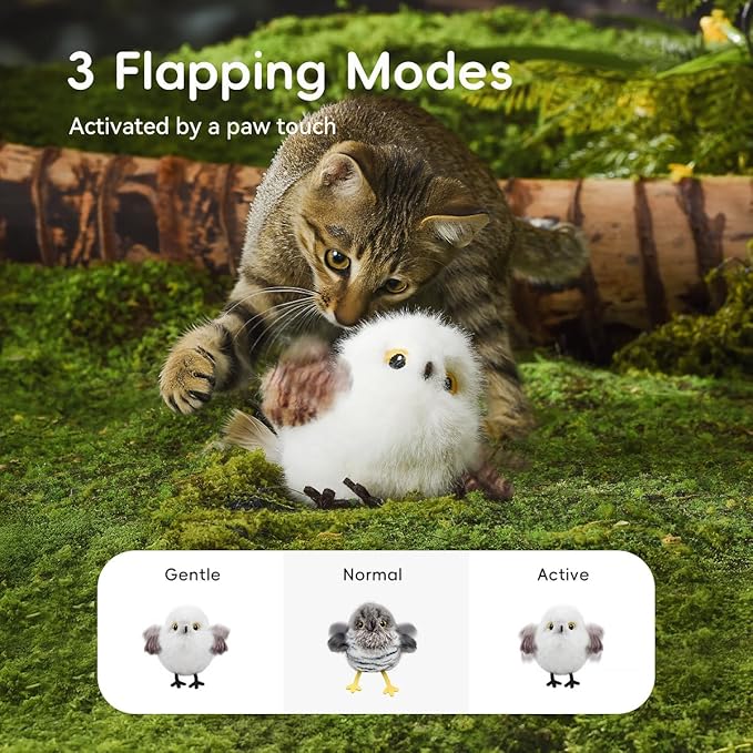 Petgravity Flapping Bird Cat Toy, Lifelike Chirp Tweet Kitten Toy, Rechargeable Touch Activated Cat Toy Interactive Catnip Toy Exercise Toy for All Breeds 5.1" (White)