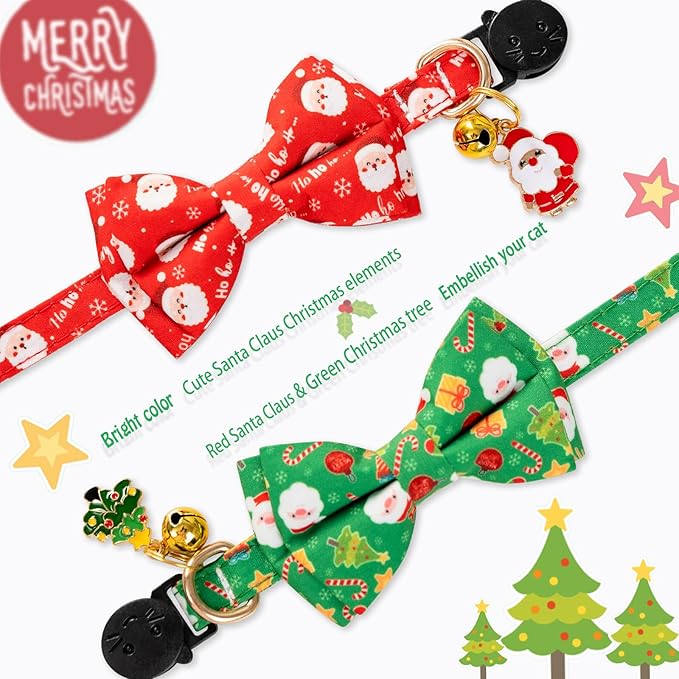 Christmas Cat Collar with Cute Bow Tie Bell 2Pack Red Green Santa Claus Breakaway Collar for Male Female Soft Christmas Kitty Kitten Cute Cat Collars Ideal for Girl Cats Boy Male Cats