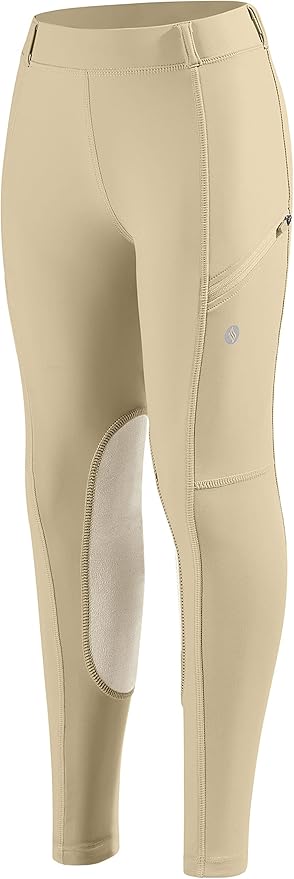 SANTINY Girls Horse Riding Pants with Zipper Pockets Kids Stretchy Equestrian Breeches Knee-Patch Youth Schooling Tights