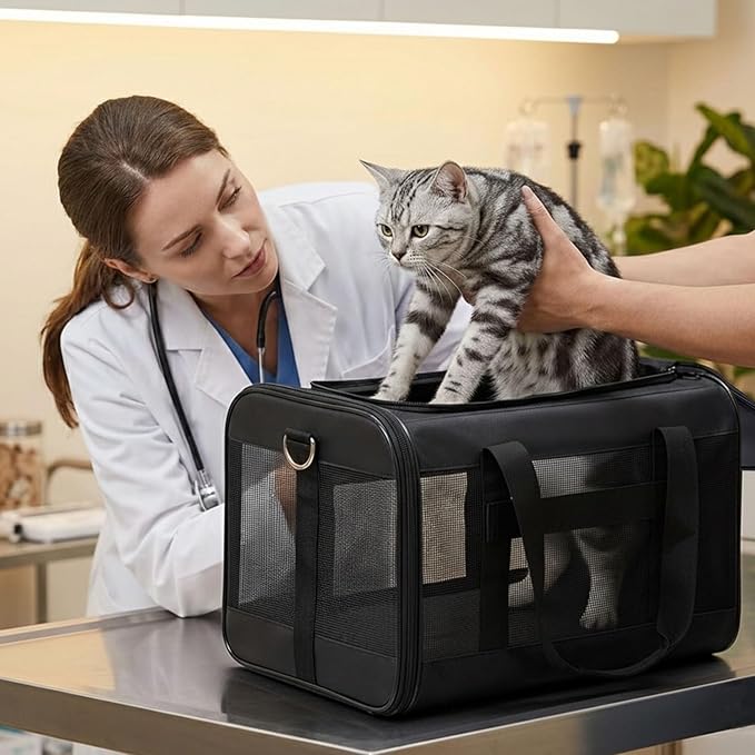 Cat Carrier Airline Approved, Soft-Sided Dog Carrier with Inner Safety Leash, Pet Transport Carrier for Small-Medium Cats Puppies up to 15 Lbs, Collapsible Travel Kitten Carrier Bag -BlackM