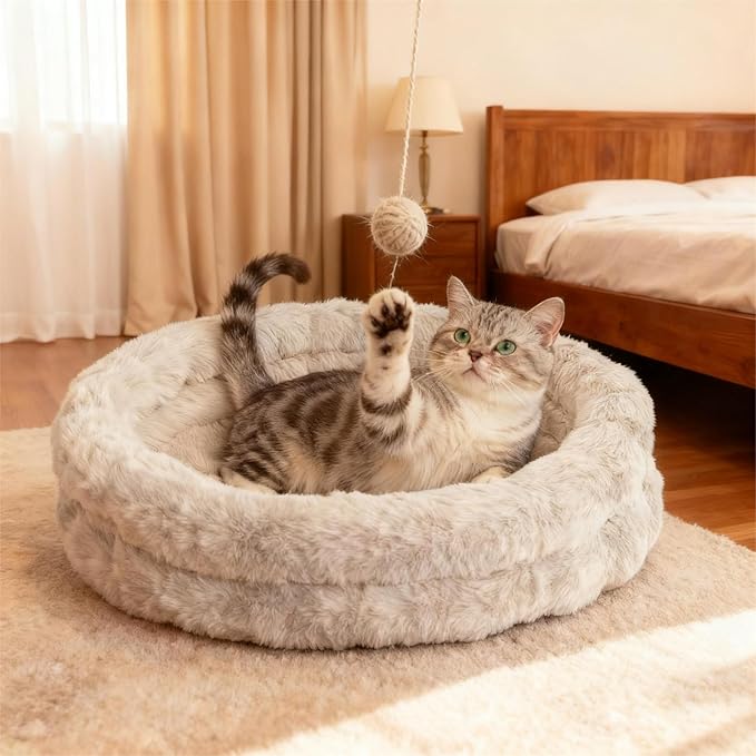 Cat Beds for Indoor Cats, Washable Round Beds for Small Dog and Cats, Soft Plush Faux Fur Removable Pet Bed for Puppy and Kitten, 20"x20"x6"