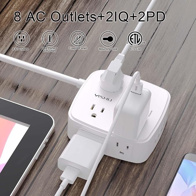 Surge Protector Power Strip - YISHU 8 Widely Outlets with 2 USB-C(PD 30W) and 2 USB-A Ports, 3 Side Outlet Extender with 6Ft Flat Plug Extension Cord, Wall Mount, Desk USB Charging Station, ETL,White