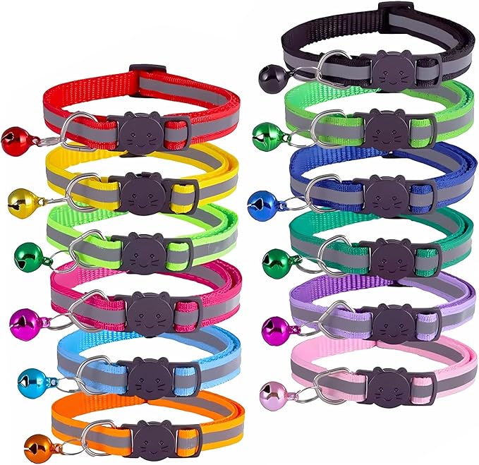 12-Pack Reflective Cat Collar Breakaway with Safety Elastic Band – Cat Collar with Bell - Adjustable Length & Lightweight for Girl Boy Cats and Kittens