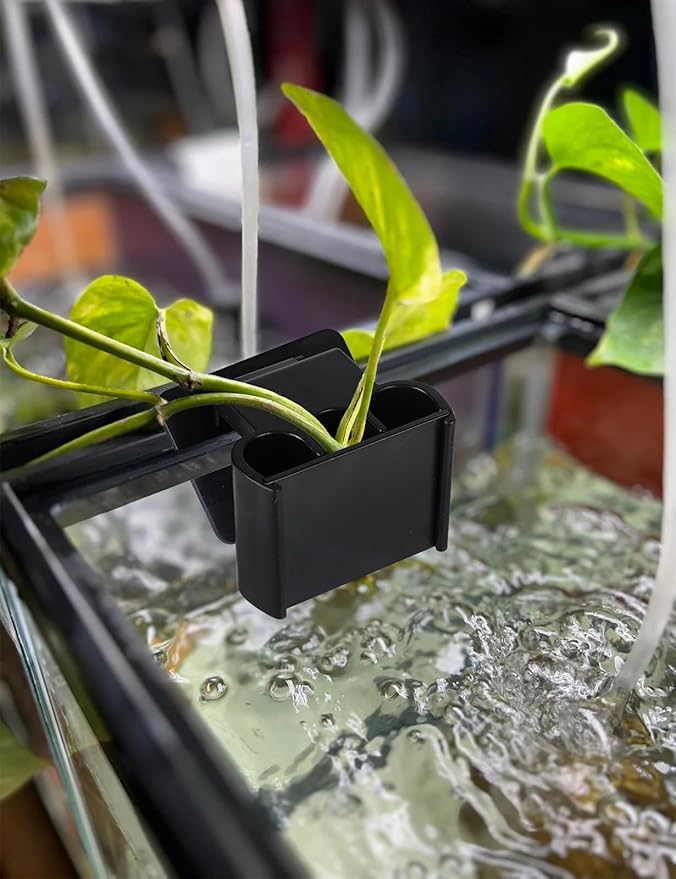 4 Pk Upgraded Aquarium Plant Holder, 3-Hole Hanging Aquarium Plant Holder with Clip, Suitable for Fish Tank Plant Potting, Aquarium Decoration, Plant Holder for Fish Tank, Black