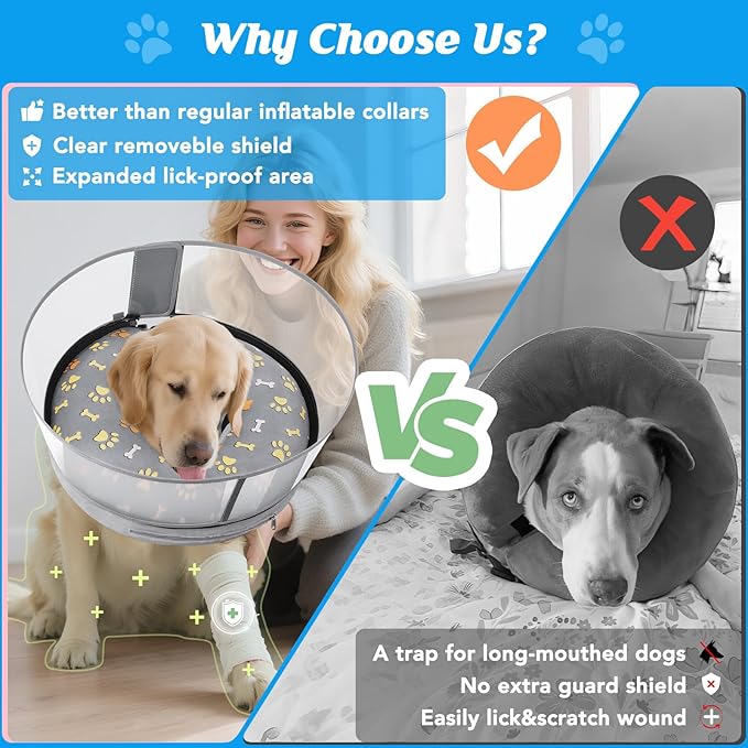 Inflatable Dog Cone with Anti-Licking Clear Shield, Protective Dog Donut Collar After Surgery, Adjustable Soft Recovery Cone for Pets, Alternative Collar with Buckle Strap (Grey Paw, L)
