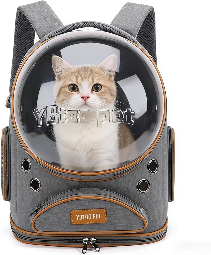 Cat Backpack Carrier, Breathable Cat Carrier Large Space Bubble Pet Backpack for Small Dog and Large cat up to 18lbs, Transparent & Foldable Pet Carrier for Travel Hiking (Grey)