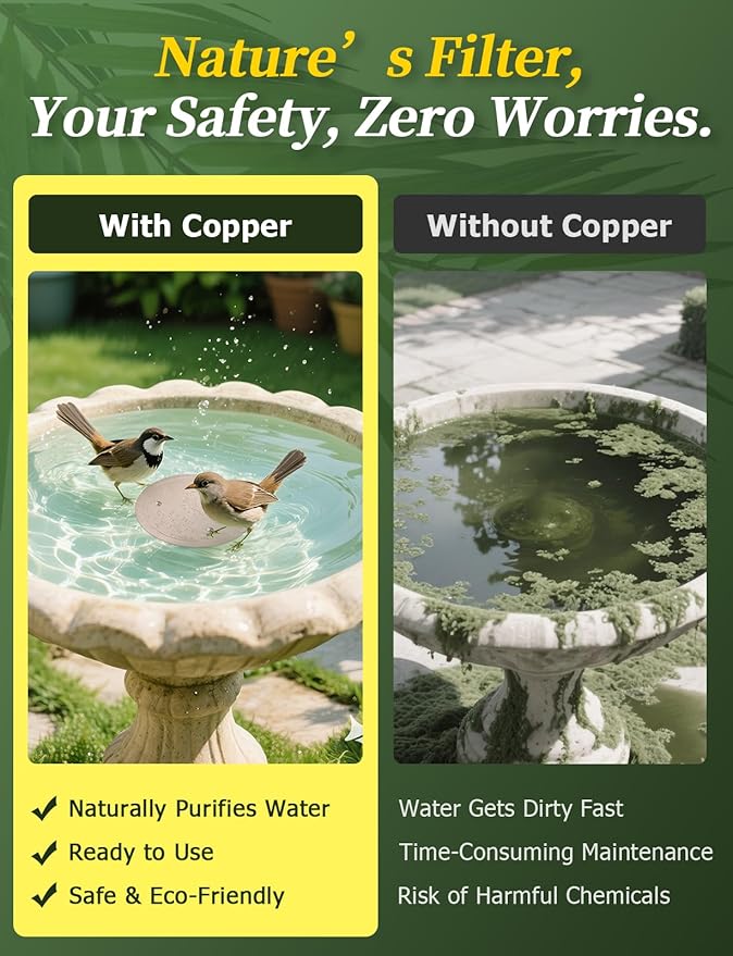 Mellbree 2-Pack Bird Bath Copper Disk, 0.6mm Reinforced 99.99% Pure Copper Cleaning Disk with Triple-Point Support for Physical Safe Clean Water, Universal Fit for Outdoor Birdbath, Bowl (Sunflower)