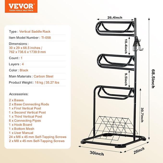 VEVOR Freestanding Saddle Stand, 30 x 30 x 68.5 in, 3 Tiers Saddle Rack, Heavy Duty Saddle Blanket Holder with Removable & Rotating Tiers, English & Western Saddle Rack for Tack Room Organization