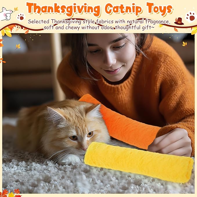 Civaner 6 Pcs Thanksgiving Cat Catnip Toys for Indoor Cat 10.6 Inch Long Fall Kitten Kicker Stick Catnip Toy with Crinkle Sound Soft Plush Kitten Pillow for Chew Exercise (Gold, Yellow, Orange)