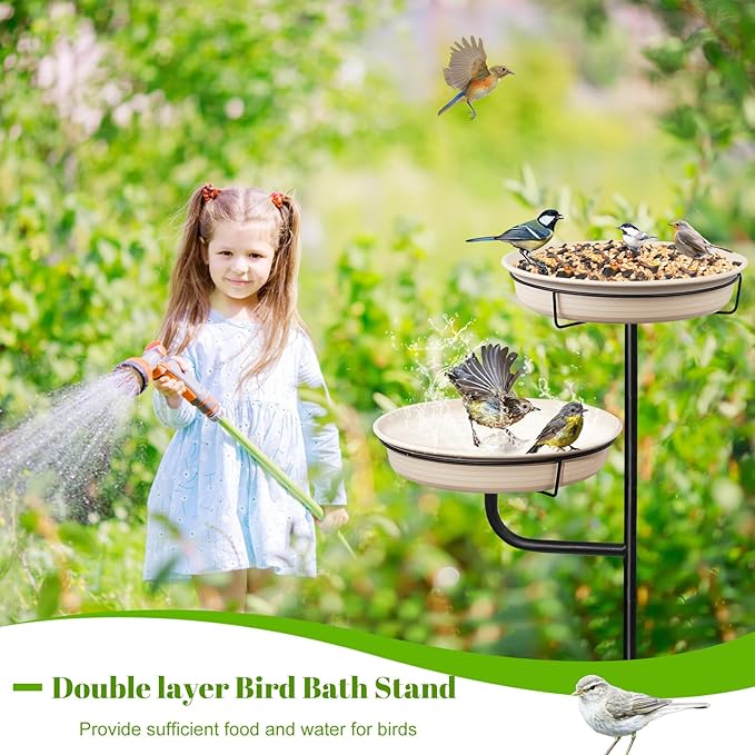 Freestanding Birdbaths Bowl Outdoor, Free Standing Garden Bird Bath Bird Feeder & Bird Bath Bowl, Detachable Decoration Spa Birdfeeder for Garden Patio Yard Lawn, 4 Spiky Metal Stake (White)