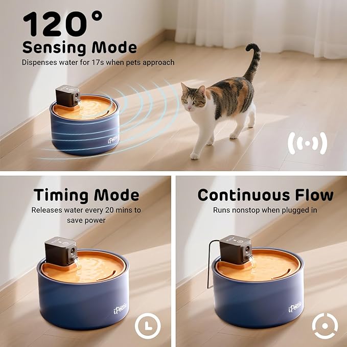iPettie Ceramic Cat Water Fountain, 3.5L/118oz Cordless Pet Water Dispenser with 3 Water Modes, Ultra-Quiet Pump, Rechargeable 3000mAh Battery, BPA-Free Ceramic & ABS, Auto Low Water & Battery Alerts