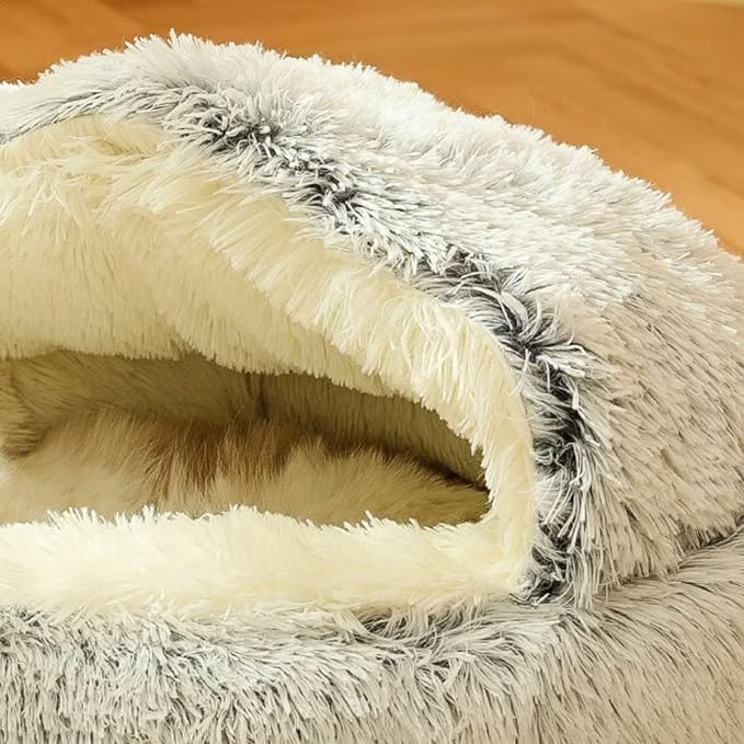 Plush Fluffy Dog and Cats Round Bed – Ultra-Soft Faux Fur Pet Shell Nest with Raised Bolster Edge, Self-Warming Calming Nest for Small to Large Pets (Gray, Large（26”）)