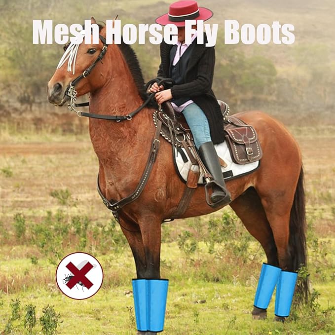 Mesh Horse Fly Boots Set of 4, Breathable Loose Fitting Leggings for Horses, Reduces Stomping & Fatigue, Leg Fly Protection (Blue)