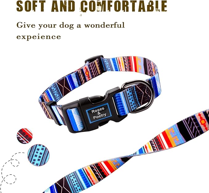Roses&Poetry Dog Collar with Colourful Stripe Patterns, Adjustable Durable Puppy Collars for Small Medium Large Dogs (Stripe-XS)
