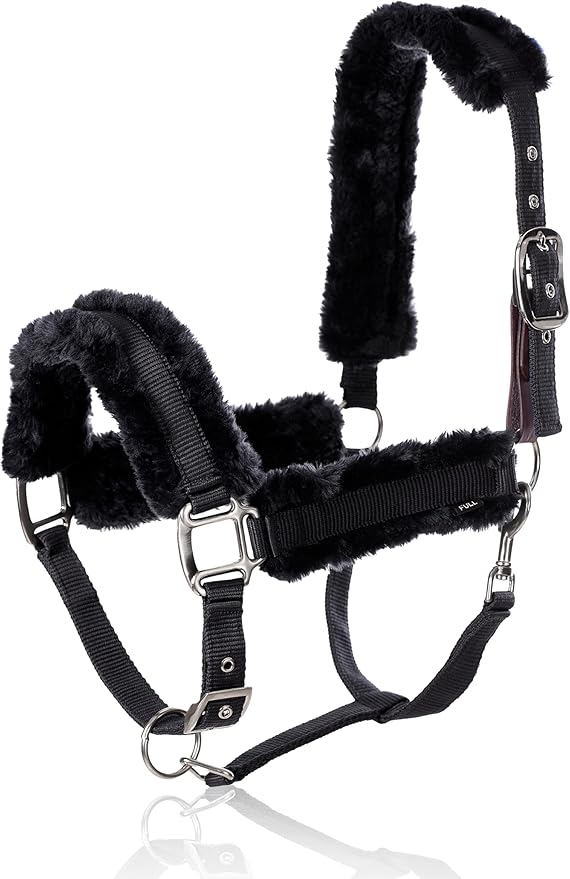 Equinavia Valkyrie Ultra Fleece Breakaway Horse Halter | Padded Fleece Adjustable Safety Halter with Nylon Webbing - Black/Black - Warmblood