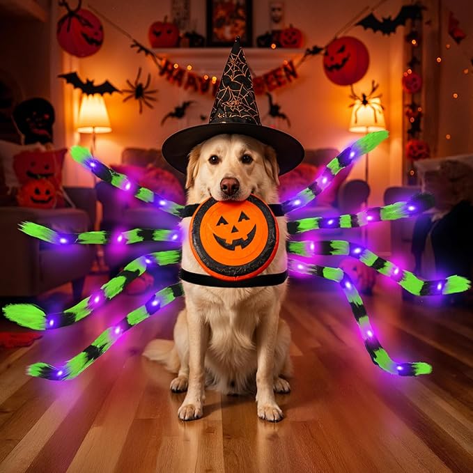 OurWarm Large Dog Halloween Costumes, Furry Funny Dog Spider Costume with 64 LED Purple Lights, Halloween Costumes for Large Dogs Pets Party Outfits Contest Clothes Cosplay Decor
