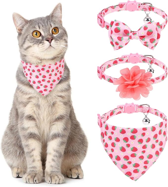 Breakaway Cat Collars with Bell & Cute Pendants - 3 Pack Adjustable Safety Kitten Collars - Decoration for Girl Boy Cats Puppy and Small Pets (Style C - Strawberry)