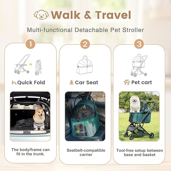 Wdyvko 3 in 1 Dog Stroller, Upgraded Frame, Up to 44lbs Pet Stroller with Dog Poop Bags & Dispenser, Zipperless Entry, Storage Basket & Pouch for Small Dogs Cats (Dark Green)