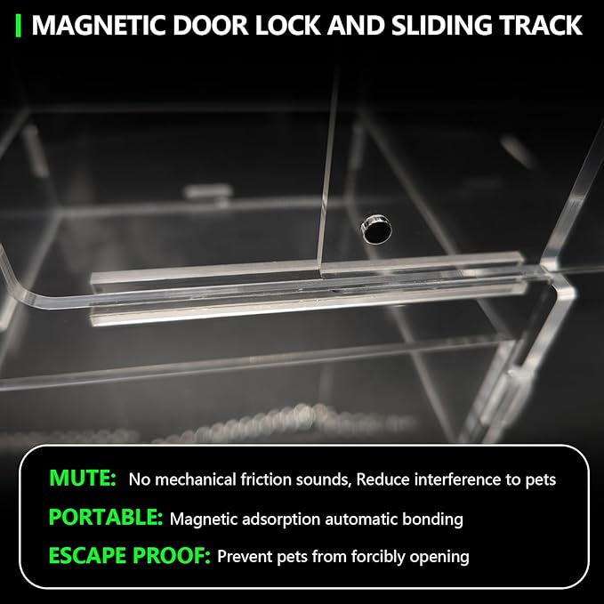 Acrylic Jumping Spider Habitat, Insect Terrarium, for Spiders, Tarantulas, Snail, Mantis, Lizard, and Small Reptiles, with Two Magnetic Doors and one Feeding Trough (6x6x9 inch)