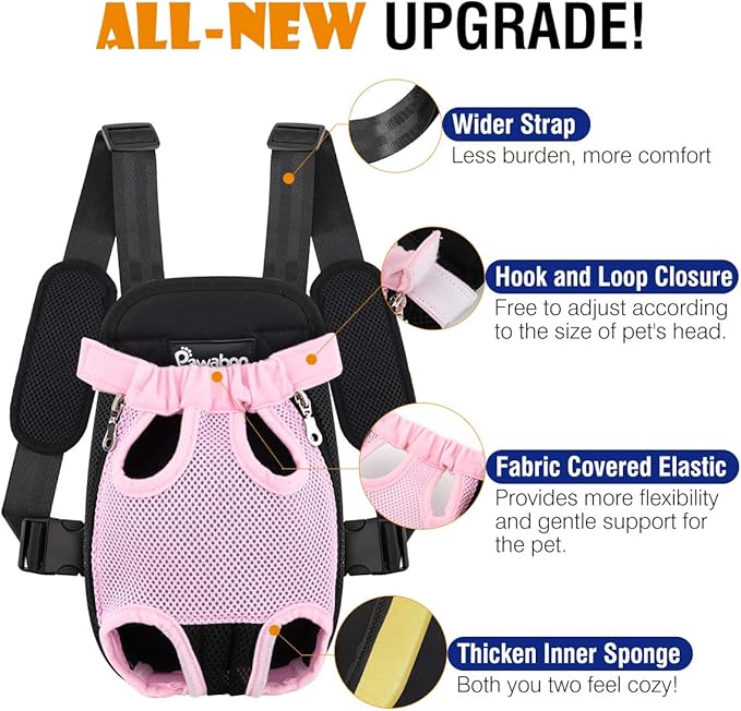 Pawaboo Adjustable Carrier Backpack for Dog Cat, Pet Front Dog Carrier Purses Cat Travel Bag, Legs Out, Easy-Fit for Traveling Hiking for Small Dogs Cats Puppies, M, Pink