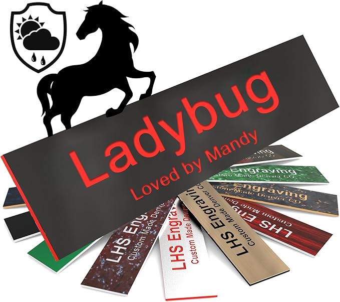 Horse Stall Name Plate, 2x8 Personalized Stall Signs, UV Protected, All Weather Adhesive, Hanging, Mounting or Other, Plastic with Red Letters - Made in USA - B19