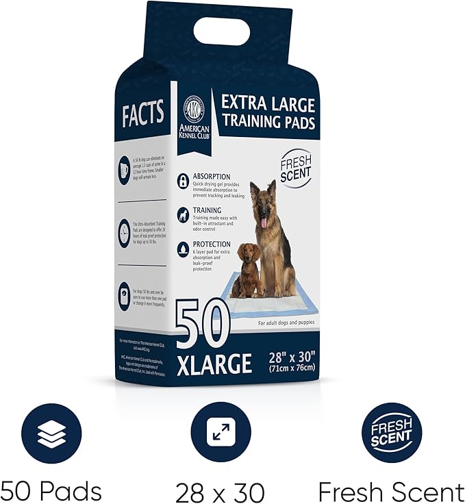 American Kennel Club Scented Puppy Training Pads with Ultra Absorbent Quick Dry Gel – 28 x 30 Pee Pads for Dogs - Fresh Scented - 50 Count, XL