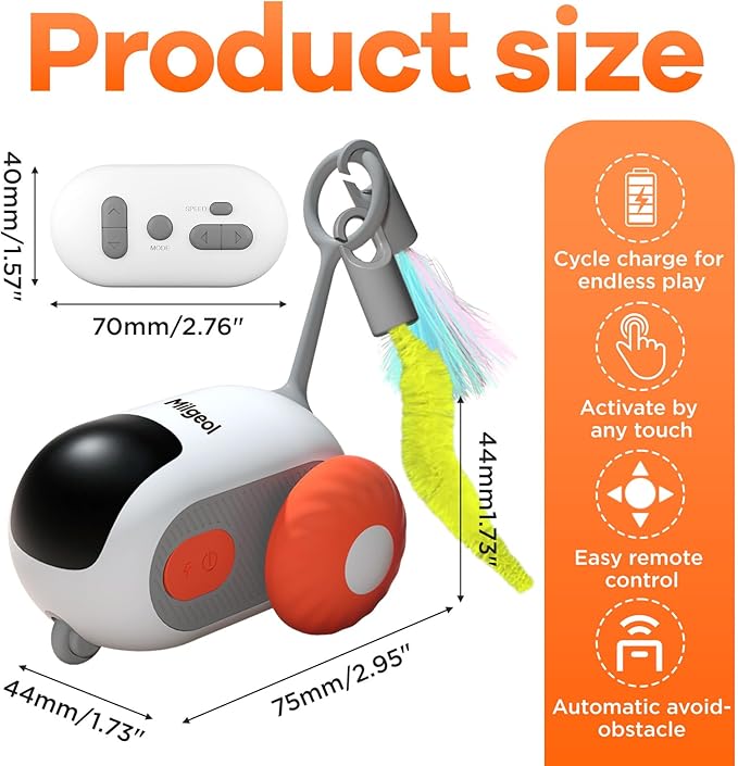Turbo Tail 3.0 Interactive Cat Toy - Smart Remote Control Electric Mouse with Feathers, 3 Play Modes (Smart/Manual/Standby), Auto Obstacle Avoidance, Type-C, 8H Playtime - Blue & Orange