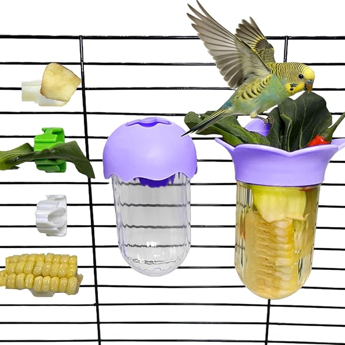 7 PCS Bird Cage Feeder for Vegetable Millet Holder Cage Accessories with Parrot Fruit Forks for Budgie Cockatiel Lovebirds Parrot (Purple)