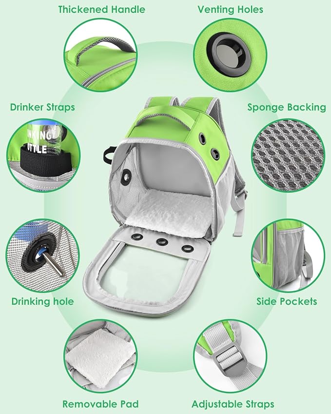Guinea Pig Carrier Backpack, Portable Rabbit Travel Carring Bag for Pet Bunny Chinchilla Bearded Dragon Hamster Parrot Outgoing Pouch Case with Water Bottle Holder & Detachable Pad (Green)