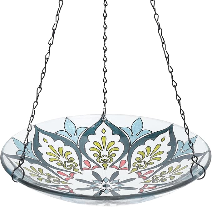 MUMTOP Hanging Bird Baths for Outdoors - Glass Bird Bath, 11 Inch Hanging Bird Bath Bird Feeder Bowl for Outside, Garden, Lawn Yard Decor (Green Kaleidoscope)