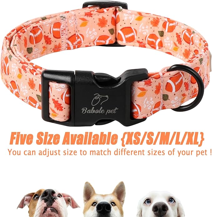 Fall Dog Collar, Cute Football Pattern Puppy Collar, Orange Adjustable Cotton Holiday Tanksgiving Dog Collars for Small Medium Large Boy&Girl Dogs M