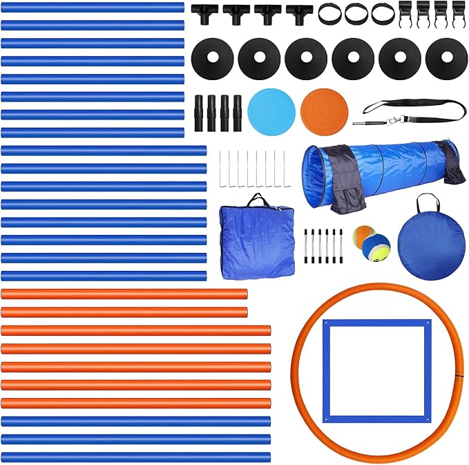 Premium Dog Agility Equipment Set Outdoor Indoor Game, Tire Jump + Hurdle Jump, Tunnel, Weave Poles, Pause Box, 2 Toy Balls, 2 Flying Discs, 1 Whistle, 1 Bag, Backyard Dog Training Obstacle Course Kit