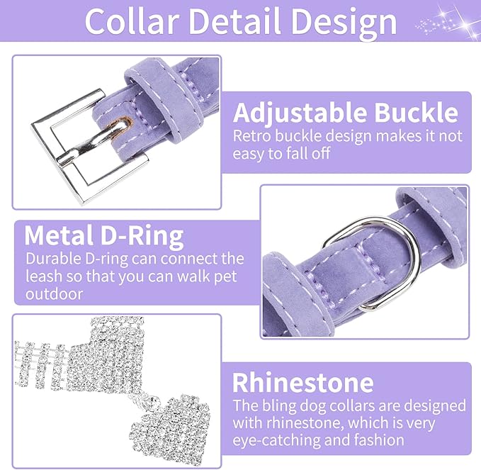EXPAWLORER Cute Dog Necklace - Rhinestone Dog Collar, Soft Velvet Collar for Girl Boy Cats Dogs, Sparkling Pet Neck Decoration, Adjustable Pet Collar for Puppies Cats Small Medium Dogs, Purple M