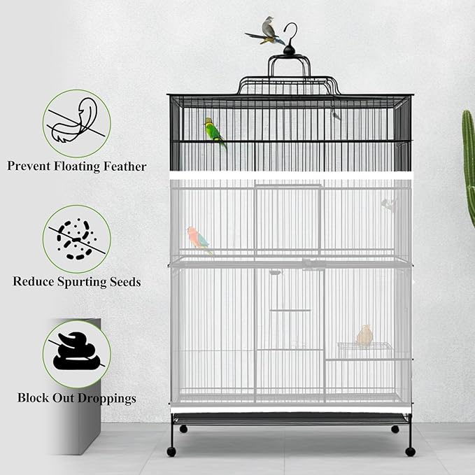 Universal Bird Cage Cover Skirt - Adjustable Soft Airy Nylon Mesh Net, Seed Catcher, Guard for Parrot, Parakeet, Macaw - Round & Square Cages (White)