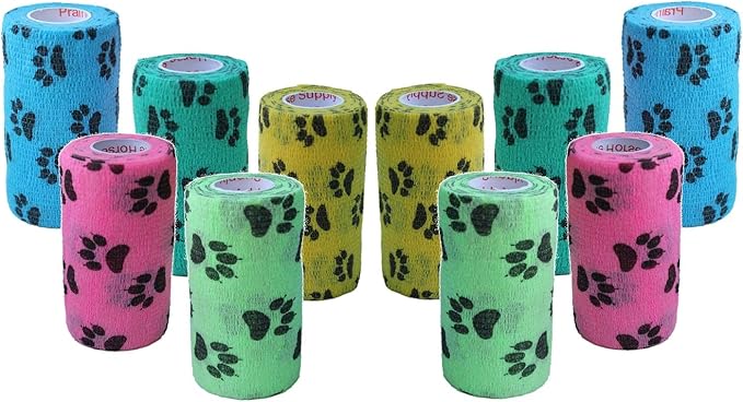 Prairie Horse Supply 3 Inch Vet Wrap Tape Bulk (Paw Prints Variety) (Pack of 12) Self Adhesive Adherent Adhering Flex Bandage Grip Roll for Dog Cat Pet