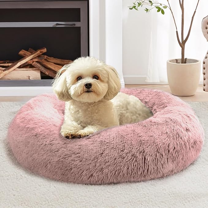 JOLLYVOGUE Calming Dog & Cat Bed for Small Dogs, Anti-Anxiety Donut Cuddler Cozy Soft Round Bed with Anti-Slip Bottom, Fluffy Faux Fur Plush Cushion Beds for Small Medium Pets (20")